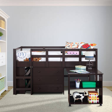 Zoomie Kids Abigail Twin Solid Wood Junior Loft Bed with Storage Drawer Bookshelf Desk And Interchangeable Tent Reviews Wayfair